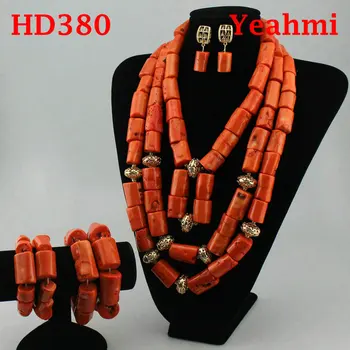 Ročno izdelan 3 Plasti Pravi Koralni Kroglice Močen Ženske, Nakit Sklopov Opremo Afriške Poročne Kostum Nakit Set HD380