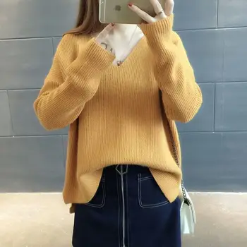 Jesenski oblačila novo korejsko od Proti-vrat puloverju barva svoboden divje plesti dno pulover ženske