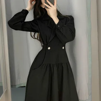 Črna Vintage Obleko Ženske Priložnostne Elegantno Vitek Obleko Urad Dama Midi korejski Obleki Ženske 2020 Jeseni, Pozimi ženska Oblačila