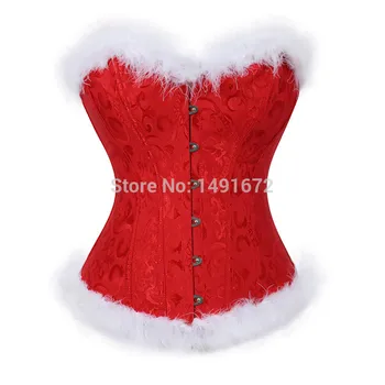 Ženske Božič Božiček Kostum Seksi Korzet Bustier Perilo Vrhu Belo Perje Corselet Overbust Plus Velikost Seksi Rdeče Burleske