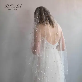 PEORCHID 2020 Novo 2 Plast Pearl Tančico Kratke Bele Poročne Veils Til Romantično Beaded Poroko Veils Z Glavnik Acessorio De Noiva
