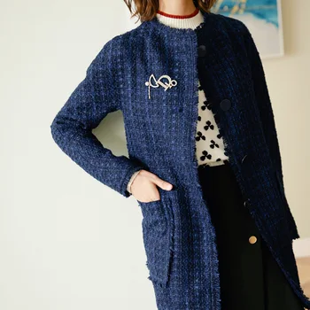 Novo Modro tweed plašč sin dolgo ženski jeseni, pozimi moda svoboden dolg plašč lahko veliki meri velikost
