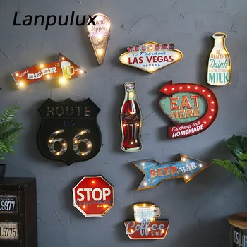 Lanpulux Letnik LED Stenska Svetilka Železa Umetnosti Route66 Cola Sladoled Nočne Luči Daljinski upravljalnik Kava Bar Resturant Dekor Razsvetljavo