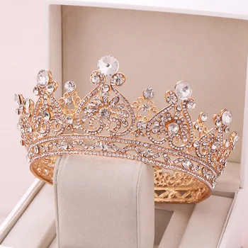 Zlato Barvo Velik Krog Kron Baročno Tiara Krono Kristalno Srce, Poročni Dodatki Za Lase Kraljica Princesa Diadem Poročne Okraski