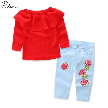Helen115 Otroci Baby Dekle Oblačila Rdeče barve Dolg Rokav T-shirt+denim Jeans Hlače Obleko Set 1-7years