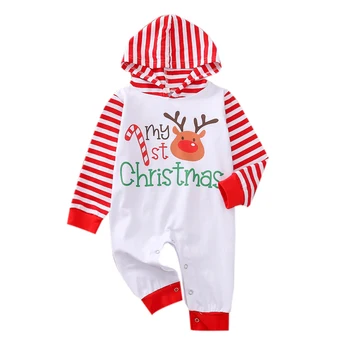 0-18 M Newborn Baby Hoodie Jumpsuit Božič Zahvalni dan Obleko z Dolgimi Rokavi Prugasta Risanka Tiskanja Romper