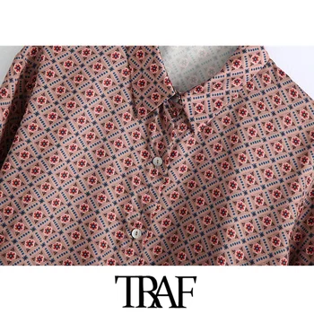 TRAF Ženske Modni Natisnjeni Svoboden Odrezana Vintage Bluze z Dolgimi Rokavi, Gumb-up Ženske Majice Blusas Elegantna Vrhovi
