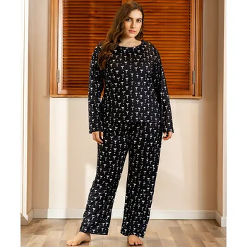 DOIB Plus Velikost Sleepwear Nastavite Ženske Black Print Majica s kratkimi rokavi Hlače Velikosti Homewear Dva Kosa Obleko More Sleepwear Pižami