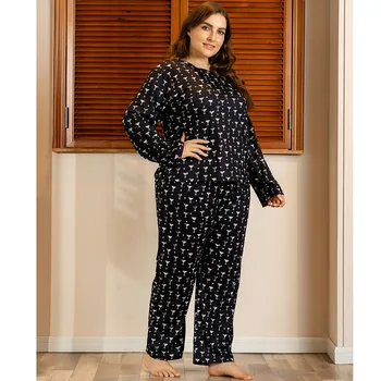 DOIB Plus Velikost Sleepwear Nastavite Ženske Black Print Majica s kratkimi rokavi Hlače Velikosti Homewear Dva Kosa Obleko More Sleepwear Pižami