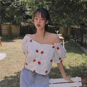 2020 Poletje Kratek Top Majice Korejski Sweet Strawberry Ženske Majice Kratek Rokav Off Ramenski Blusas Femme