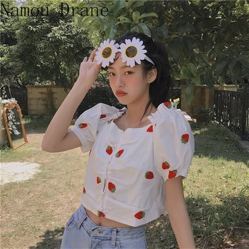 2020 Poletje Kratek Top Majice Korejski Sweet Strawberry Ženske Majice Kratek Rokav Off Ramenski Blusas Femme
