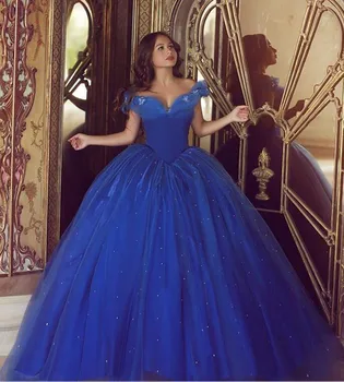 Royal Modra Quinceanera Obleke 2020 Žogo Obleke Til 15 anos Cvetje Puhasto Off Ramenski Večerne Obleke Sweet 16 Dolgo Prom Oblačenja