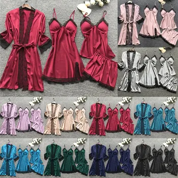 2021 Ženske Pižame Določa Saten Sleepwear Svile 4 Kosov More Pyjama Špageti Trak Čipke Spanja Salon Pijama S Prsi Blazine
