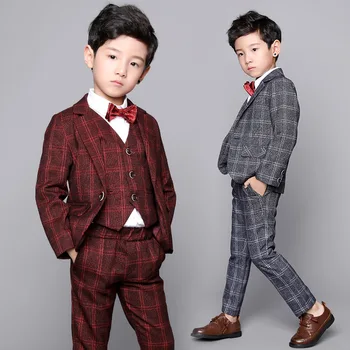 Cvet Fantje 3Pcs Formalno Kariran Poročno Obleko Otroci England Slog Blazer+Hlače+Waistcoat Obleko za Fante, Otroci Rojstni dan Kostum