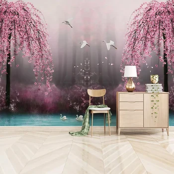 Po meri Freske Ozadje 3D Rožnat Češnjev Cvet Swan Lake Pokrajino Photo Steno Članki, Dnevna Soba, TV, Kavč Spalnica v Ozadju Stene