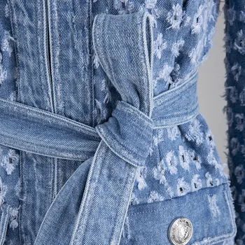 TWOTWINSTYLE Ulične Votlih Iz Jeansa Plašč Za Ženske O Vratu Dolg Rokav Čipke Pocket Plašči Ženski 2020 Jeseni Mode Nova