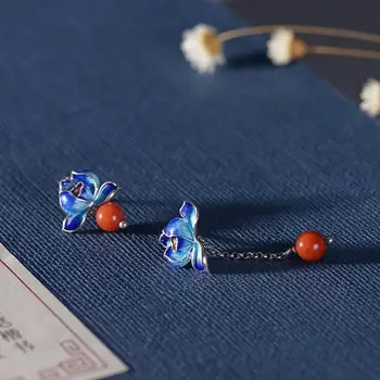 Novo Srebro Emajl vdelan z Emajl porcelana Agate Uhani Kitajski elegantno čar manjšinski načrt ženske blagovne znamke nakit