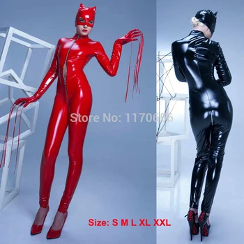 Vroče Prodajo Catsuit 3PCS Bodysuit +Rokavice +Maska Ženske Seksi Črna Rdeča Catwomen PVC Kostum Pole Dance Porno Latex Bodysuit