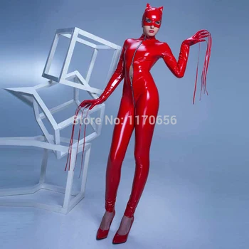 Vroče Prodajo Catsuit 3PCS Bodysuit +Rokavice +Maska Ženske Seksi Črna Rdeča Catwomen PVC Kostum Pole Dance Porno Latex Bodysuit