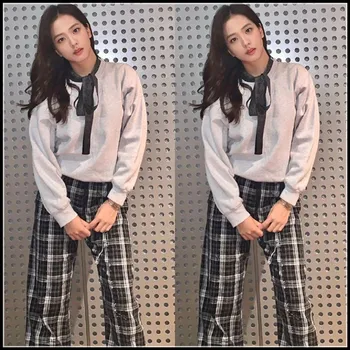Kpop korejski Slaven isti nove ženske modni Sivi krog vratu s kapuco in črne Retro visoko pasu kariran dolge hlače Dva-delni set