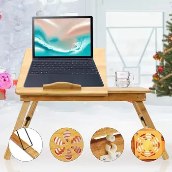 Narava Bambusa Laptop Tabela Preprost Računalniški Mizi Z Ventilatorjem Za Raztegljiv Kavč, Zložljiv, Nastavljiv Laptop Desk Na Postelji