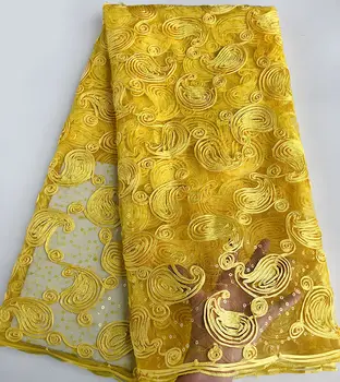 Navaden rumeni trakovi vezenje francoski čipke Afriške til čipke Nigerijski oblačilo tkanina, z majhnimi sequins mehko 5 metrov, vroče prodaje