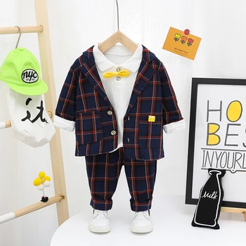 HYLKIDHUOSE Baby Fantje Kompleti Oblačil 2020 Jeseni Dojenčka Novorojenčka Športna Oblačila Kariran Coats T Majica, Hlače Otroci, Otroci Oblačila