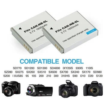 NB6L NB-6L 6L Baterija za Canon Power-posnetek Kamere SX520 HS SX530 SX600 SX610 SX700 SX710 IXUS 85 95 200 210 105 1600mAh Polnilnik