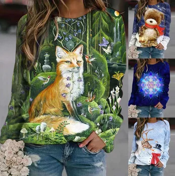 S-3XL Jeseni in pozimi dolgimi rokavi ženske luštna 3D živali tiskanja športna majica pulover, T-shirt grinch božič moda F4