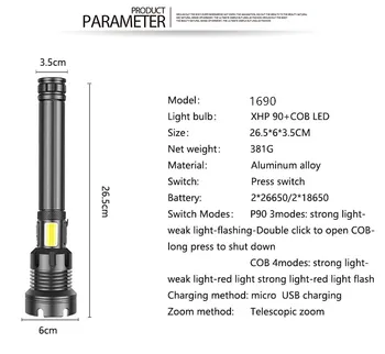Najpametnejše P90 LED svetilka aluminijasta lita napredno baklo uporabo 18650 26650 za zunanjo XHP90+COB 7 načini močna svetilka
