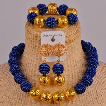 Royal modra kostum ogrlica afriške kroglice nakit set simulirani pearl nigerijski poroko nastavite poročni nakit sklopov FZZ88