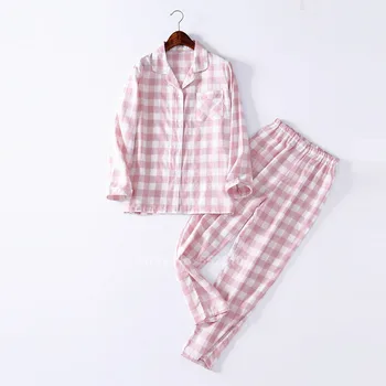 Poln Rokav Pižamo Set za Ženske Pomlad Jesen Domov Loungewear Sleepwear Kariran Bombaž Udobno Pižame Japonski Stil
