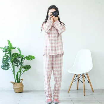 Poln Rokav Pižamo Set za Ženske Pomlad Jesen Domov Loungewear Sleepwear Kariran Bombaž Udobno Pižame Japonski Stil