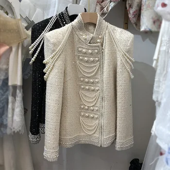 Moda za Jesen Zimo Tweed Jakne Ženske Dolg Rokav Krasen Tkanje Biseri Eleganten Casual Tweed Plašč Vrhovi 2020