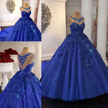 Royal Modra Žoga obleke Quinceanera Obleke 2020 Odklon Vratu Sparkly Beaded Čipke 3D Cvetlični Kapela Vlak Sweety 1 Dekliška Obleka za Maturantski ples