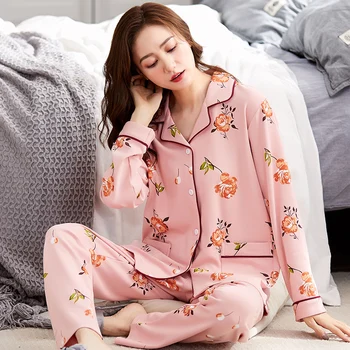 Seksi Ženska Tiskanja Pižame Roza Ženske Sleepwear Nastavite Dolgimi Rokavi, Hlače Pijamas Mujer Žensk Bombažno Pižamo Plus Velikost More