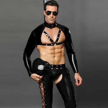 3 kos Seksi Kostumi Mens Policija Cosplay Črna Vinil Usnje Policijske Uniforme Plus Velikost Erotično noč Čarovnic Klub Pole Dance Obleke Moške