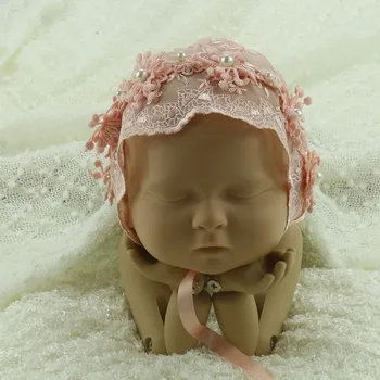Ročno Ljubek Dojenček Dekle Čipke Cvetlični Bonnet s Pearl Cvet Vintage Stilu, Klobuki za Novorojenega Otroka z Bliskavico Pribor