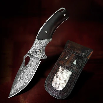TURENZ-Damask Jekla, Zložljiv Žepni Nož z Tulec 2.8 EOS Noži Taborjenje Orodje, Leseni Ročaj Taktično Nož za na Prostem