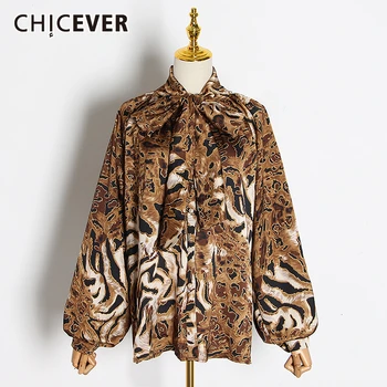 CHICEVER Letnik Leopard Tiskanja Bluzo Čipke Bowknot Luč Dolg Rokav Priložnostne Svoboden Bluze za Ženske Modni Novih Oblačil Jesen