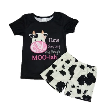 Boutique dekle krava natisnjene top in kratke hlače komplet poletnih modnih oblačil nastavite črni vrh