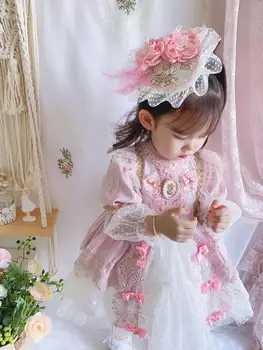 Baby Girl Jesen Pomlad Poletje Dolg Rokav Roza Čipke turški Letnik Lolita Obleke Princesa Obleko za Rojstni dan Chritmas Priložnostne