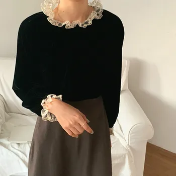 Ezgaga Francoskega Stila Vintage Majice Ženske Čipke Mozaik Črnega Žameta Vrhovi Elegantna 2020 Jesenska Moda Majice Urad Dama Elegantno