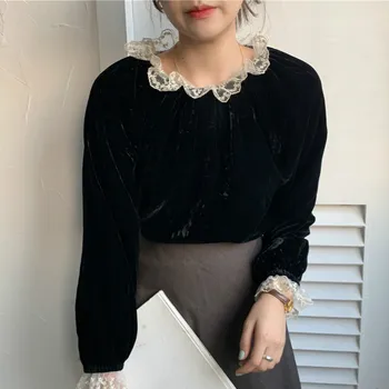 Ezgaga Francoskega Stila Vintage Majice Ženske Čipke Mozaik Črnega Žameta Vrhovi Elegantna 2020 Jesenska Moda Majice Urad Dama Elegantno