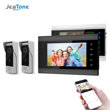 Jeatone 7 Palčni Brezžični Wifi Smart IP Video Vrata Telefon Interkom Sistem z 2 Night Vision Zaslon + 2 Rainproof Zvonec Fotoaparat