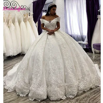 Arabski Čipke Žogo Obleke Poročne Obleke Off Ramo Kapela Poroka Oblek Sequins Beaded Plus Velikost Poročne obleke