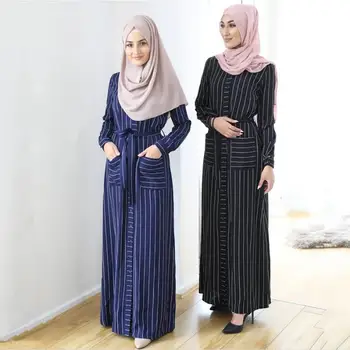 Ramadana črtasto majico-slog kimono muslimanskih Abaya Hidžab Muslimansko Obleko ženske posamezno zapenjanje Islamske tam kaftan Haljo Musulman Abayas