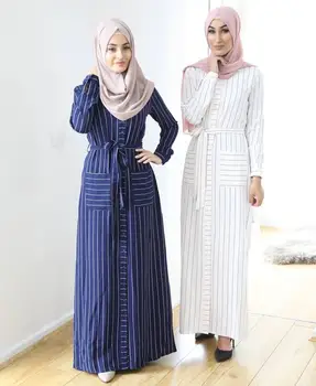 Ramadana črtasto majico-slog kimono muslimanskih Abaya Hidžab Muslimansko Obleko ženske posamezno zapenjanje Islamske tam kaftan Haljo Musulman Abayas