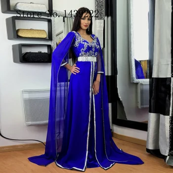 Royal Modra Maroški Tam Kaftan Šifon Večerne Obleke Dolgo Kroglice Čipke Appliques Savdska Arabski Muslimani Posebne Priložnosti Haljo De Soiree