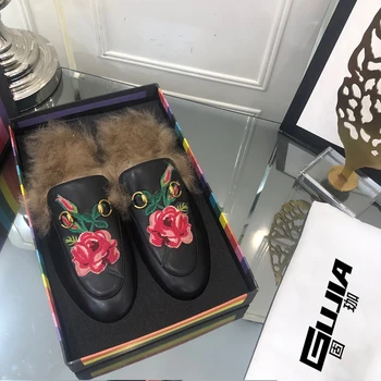 Italijanska zima 2020 new zajec lase priložnostne ženske čevlje pol copate vrh usnje moda natisnjeni ravno čevlji visoke kakovosti škatle
